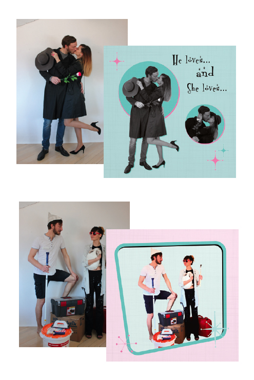 Yvonne & Daniel make fun photos for the customized RetroViewer wedding invitations